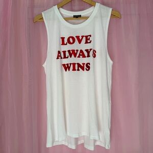 Express White Tank Top with Red "LOVE ALWAYS WINS" Graphic Size L